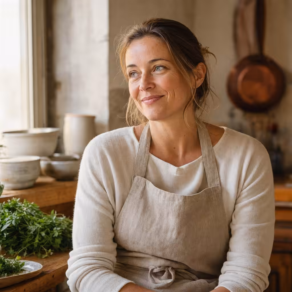 Femme souriante en tablier, cuisine lumineuse.